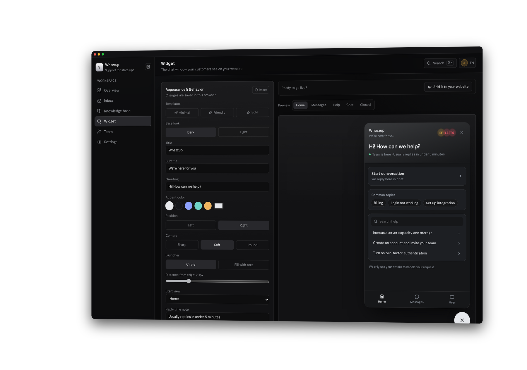 Whazzup widget editor with settings and live preview